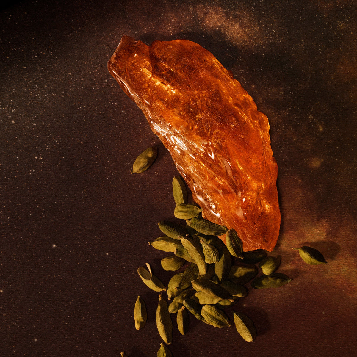Amber resin piece with green cardamom pods scattered on a dark surface.