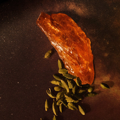 Amber resin piece with green cardamom pods scattered on a dark surface.