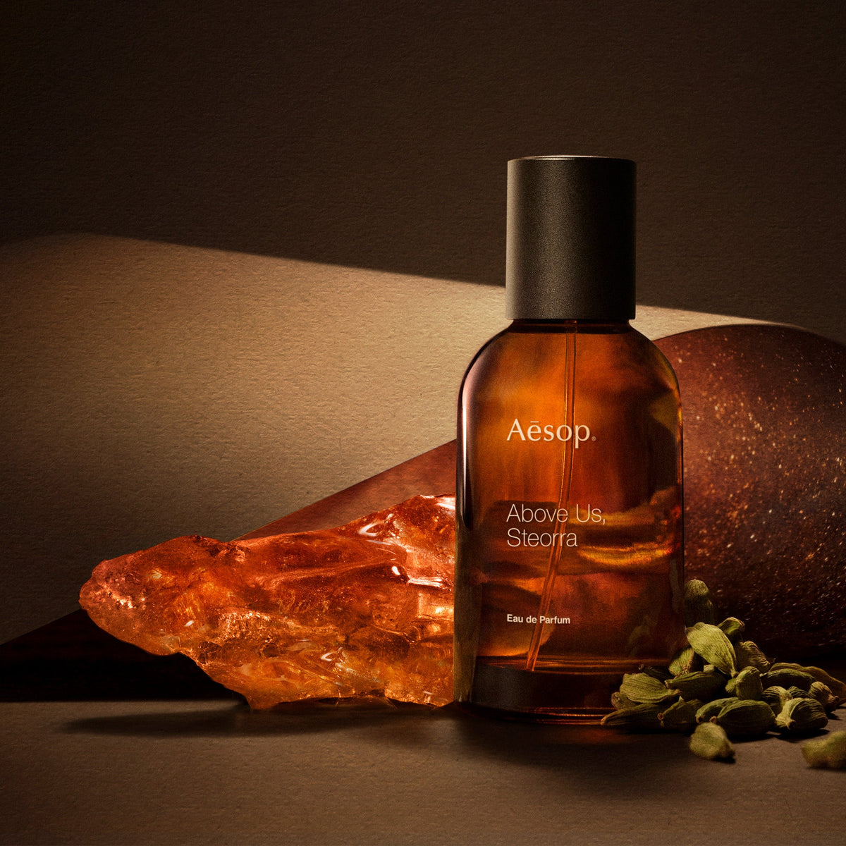 Aesop Above Us, Steorra bottle beside an amber resin piece and green cardamom pods on a warm brown surface.